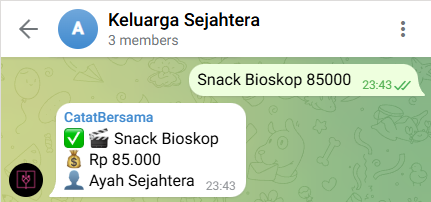 Screenshot chat Telegram menunjukkan cara mencatat pengeluaran dengan mudah